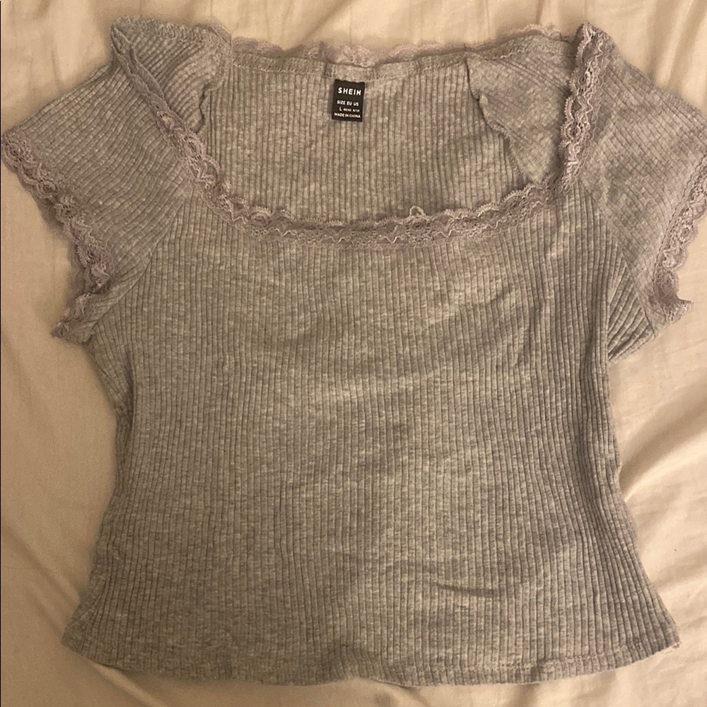 Shein Gray Ribbed Lace Trim Top